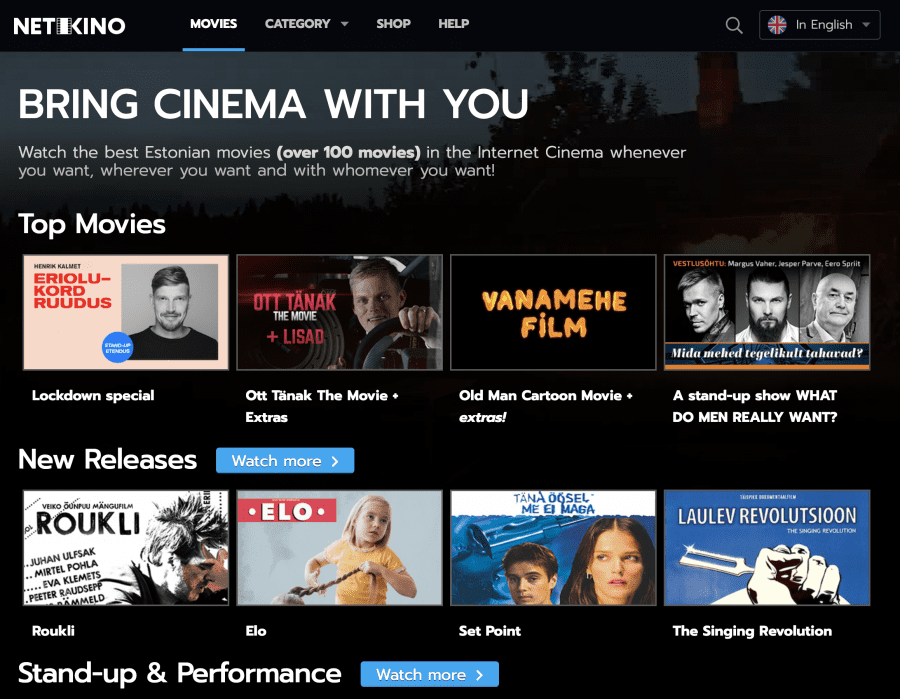 Netikino Front Page Screenshot, tänak, ott, wrc, comedy, movies, netflix, estonia, estonian, eesti, eestifilm, film, films, cannes, on-demand, video