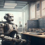 Robot sitting in an office behind a computer