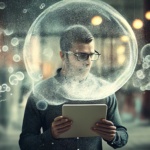 Person with a head in a bubble reading news on iPad