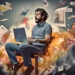 Man sitting on a chair with a computer and content exploding behind and around him. Man is amazed