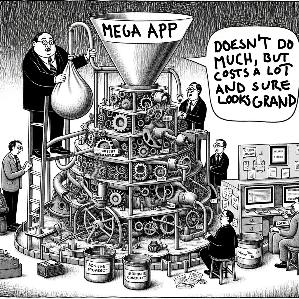 Cartoon of a large contraption representing a software product in an office. Businessmen don't know what it does.