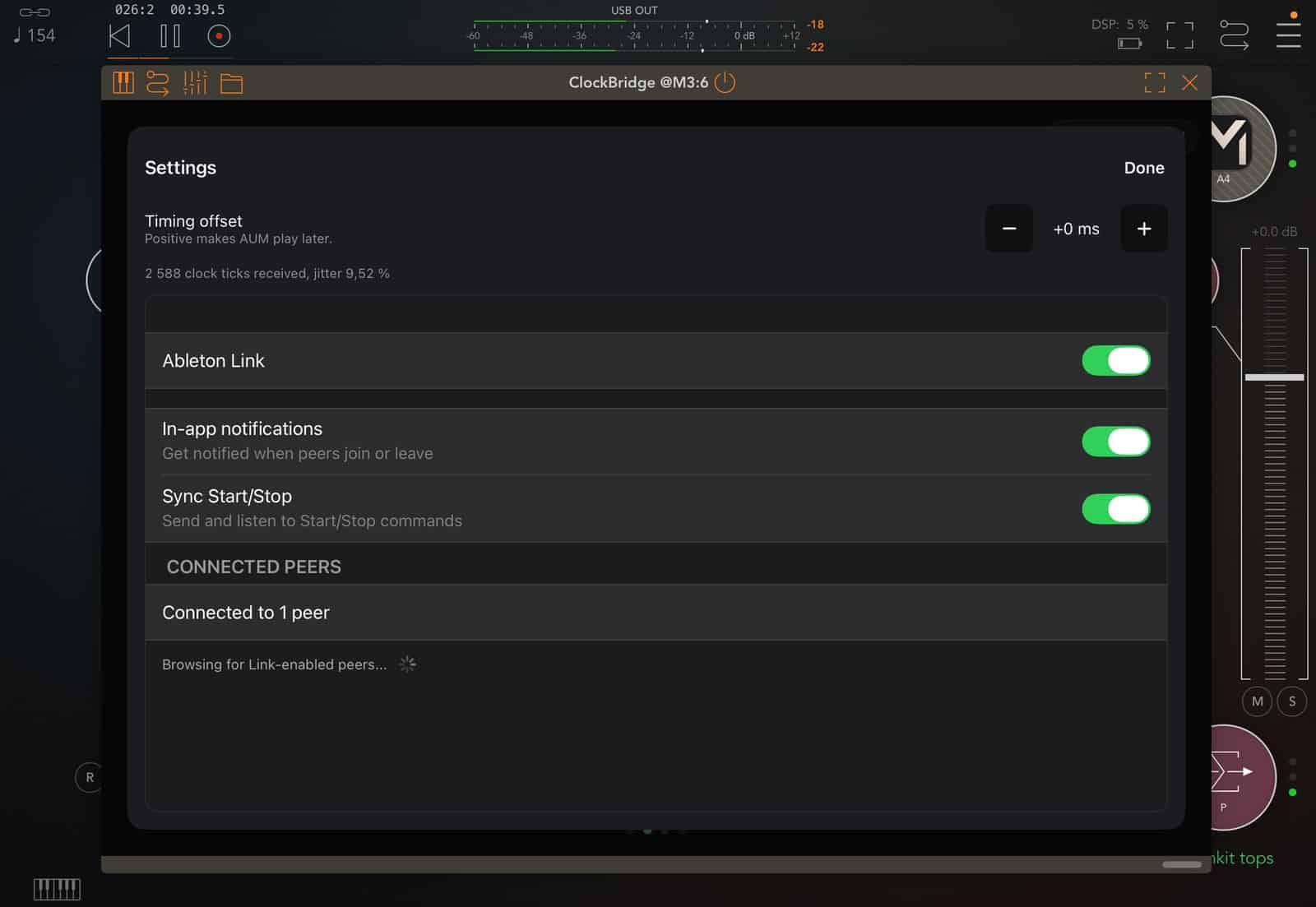ClockBridge settings open in AUM on iPad: timing offset, clock ticks received and the Ableton Link settings