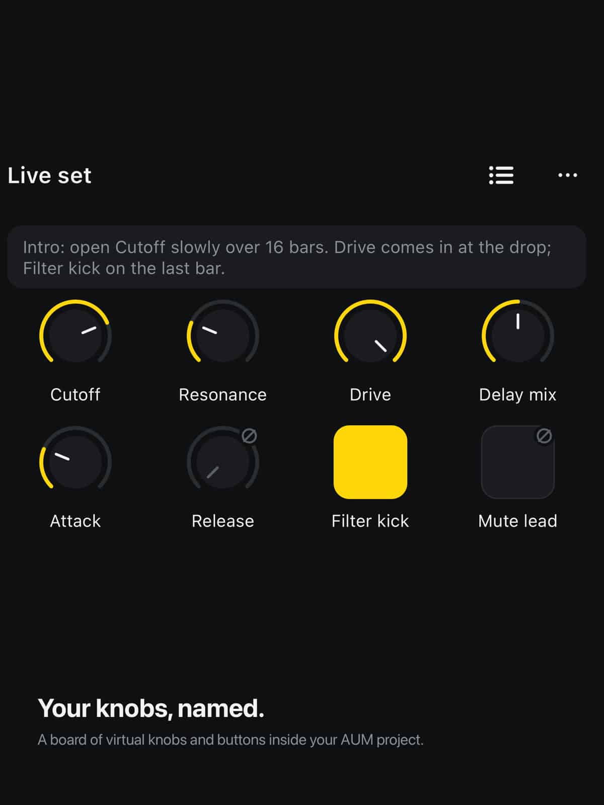 KnobBridge open in AUM on iPad, a board of named knobs and buttons on a grid