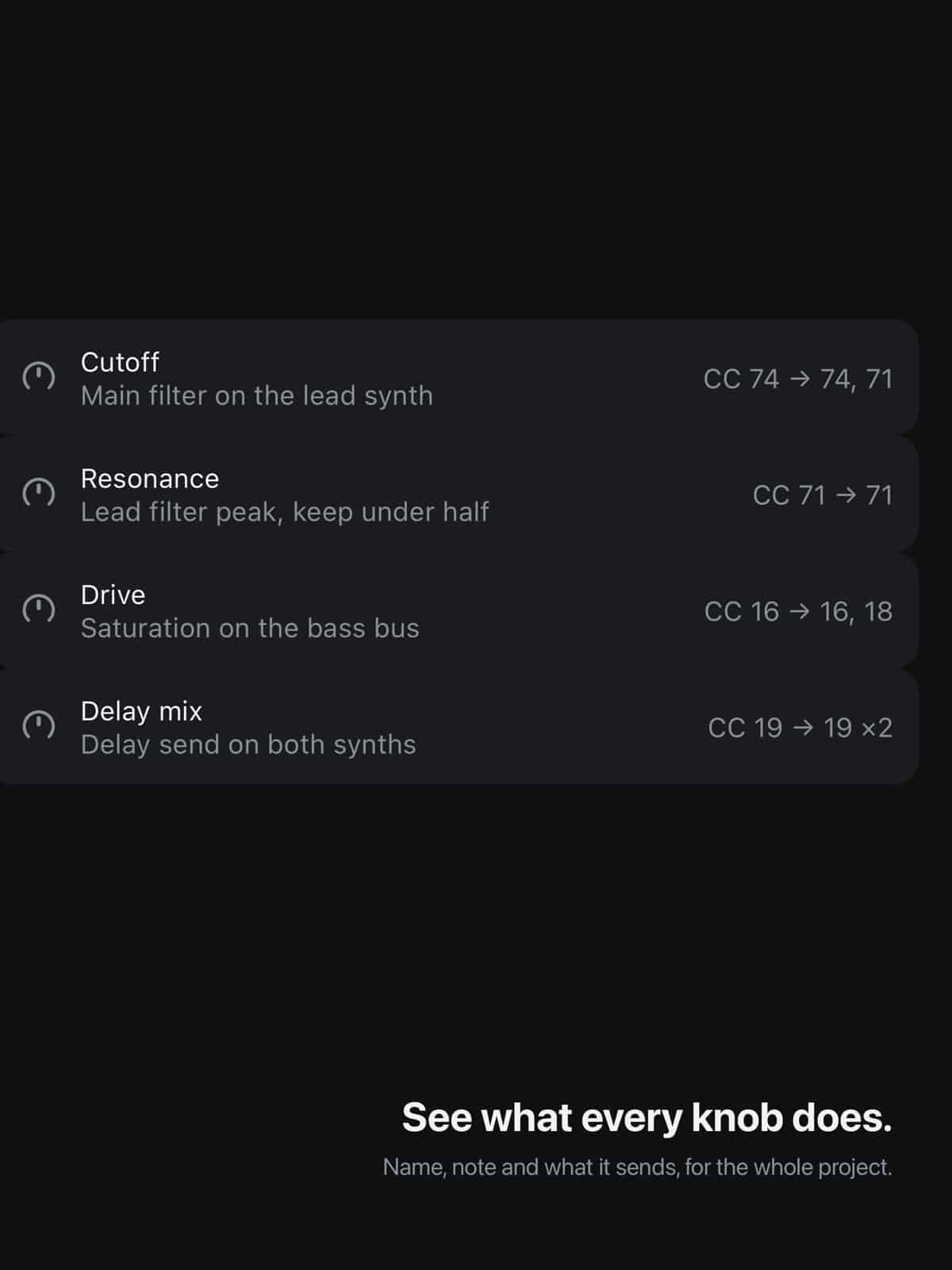 KnobBridge list view in AUM on iPad, each control with its name, note, binding and the CCs it sends