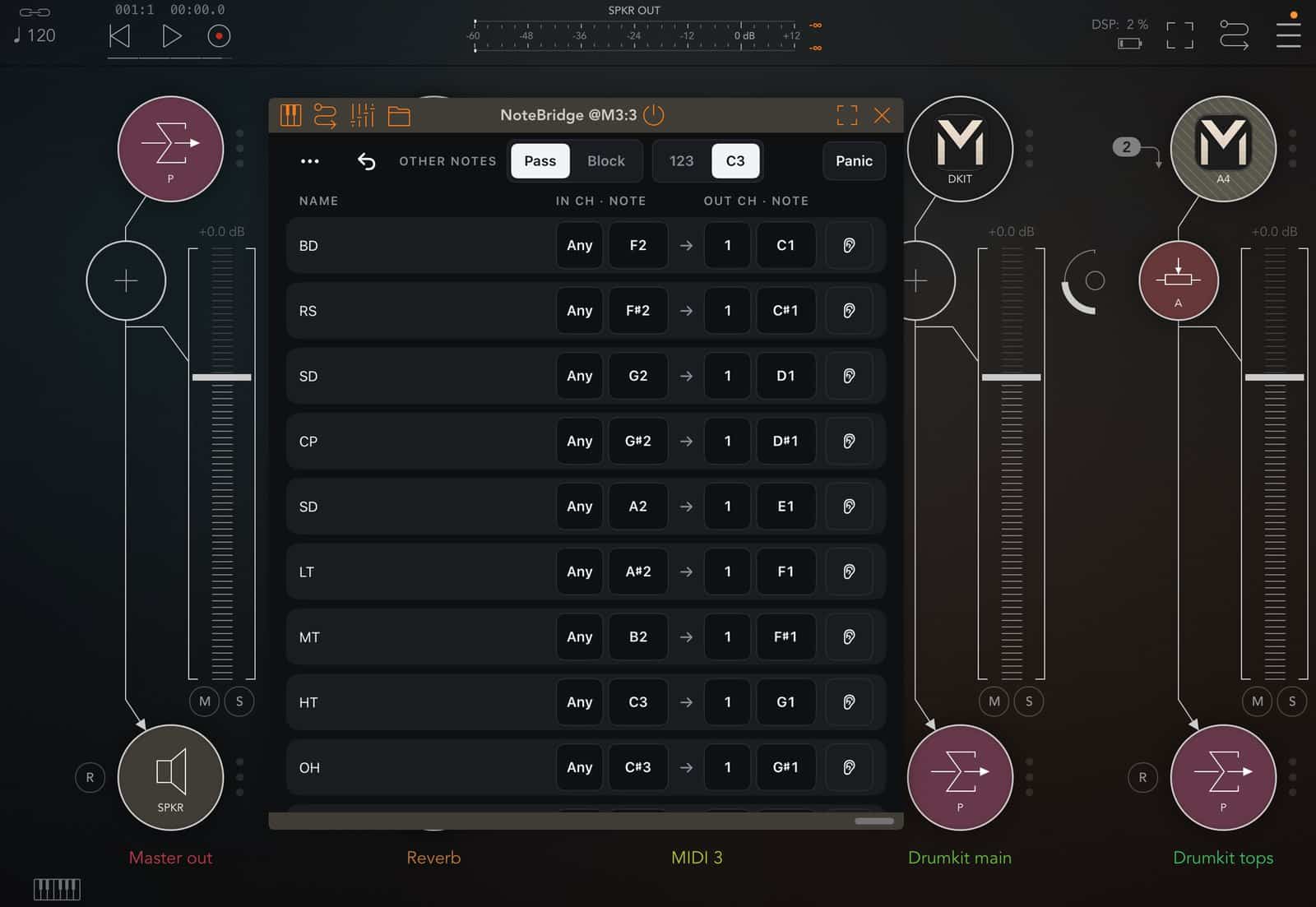 NoteBridge open in AUM on iPad, mapping drum pads from F2 and up to C1 and up, notes shown as names