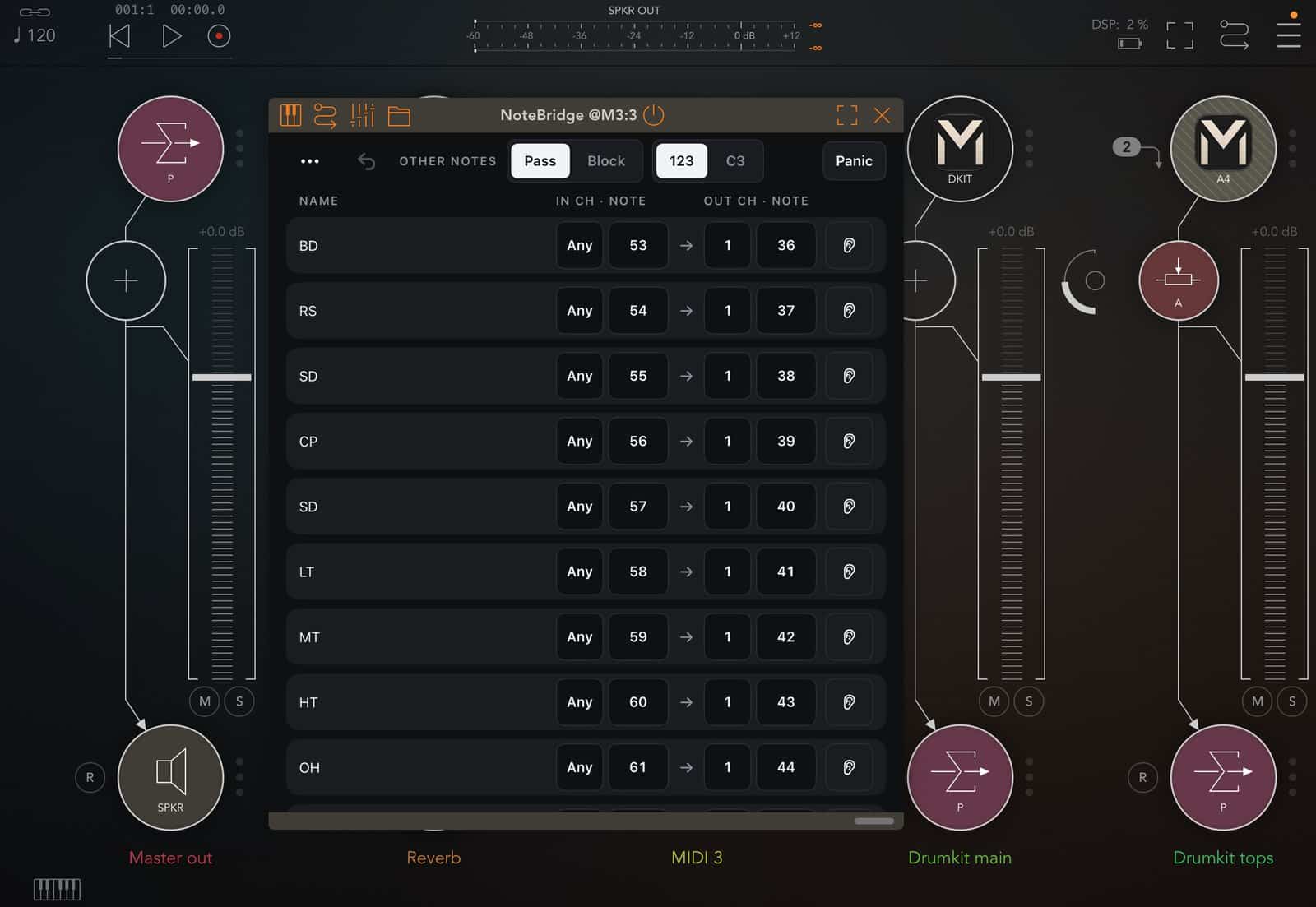 NoteBridge open in AUM on iPad, the same drum map with notes shown as numbers, 53 to 36 and up